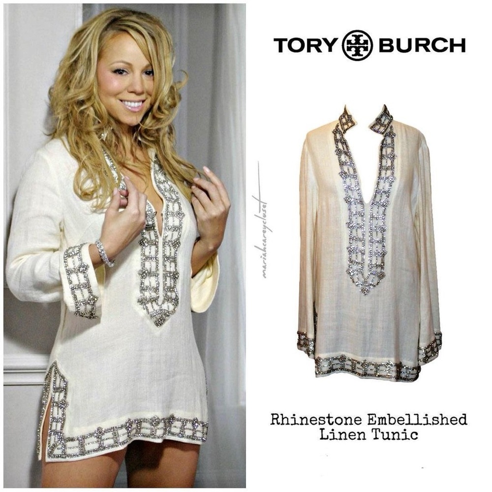 Tory Burch Rhinestone mini dress tunic white linen crystals
